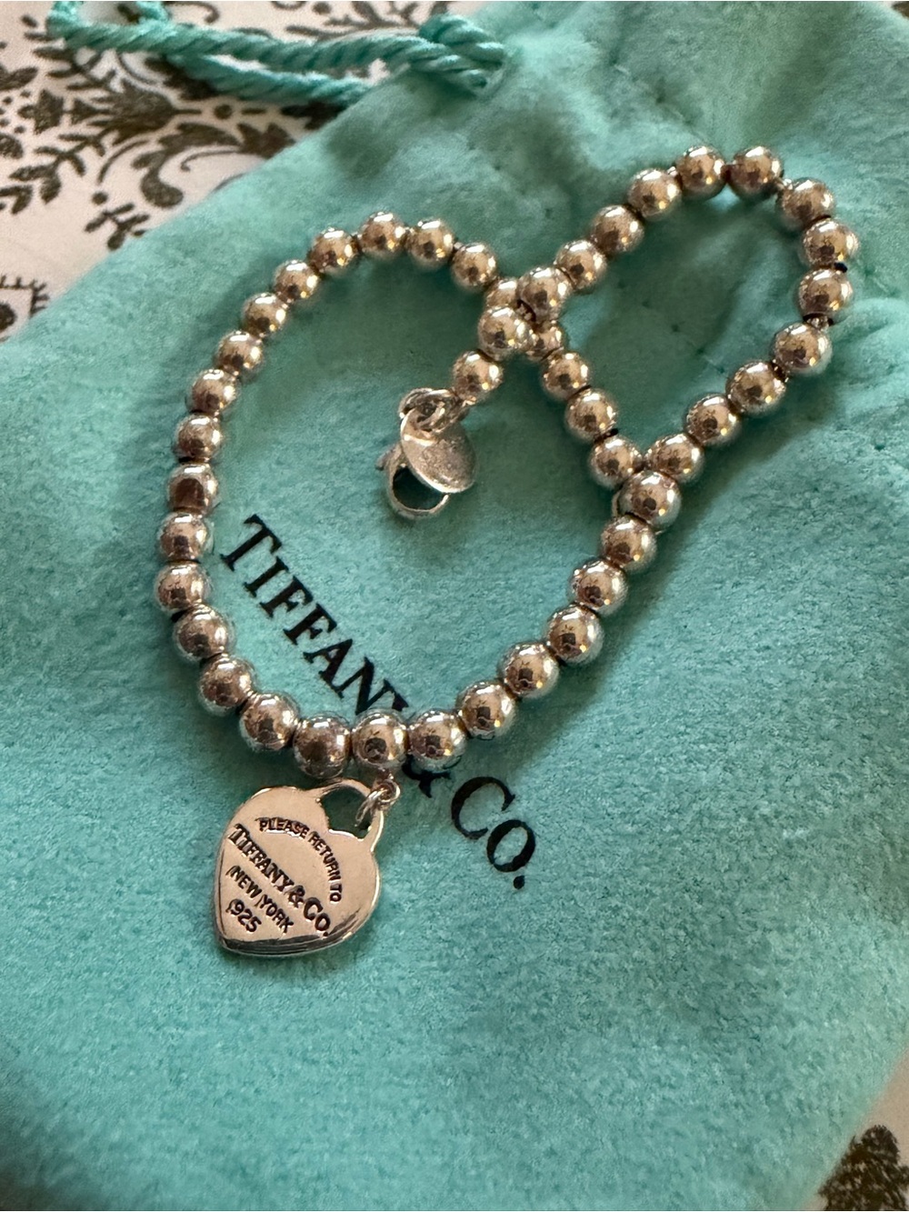 Tiffany & Co. Silver Bead Bracelet with blue Heart Charm - Picture 6 of 9
